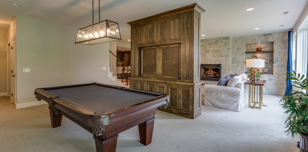 Game room in basement of new home